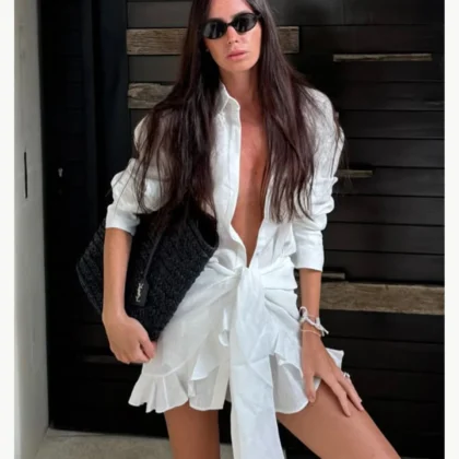 White tie-waist cotton shirt dress model view